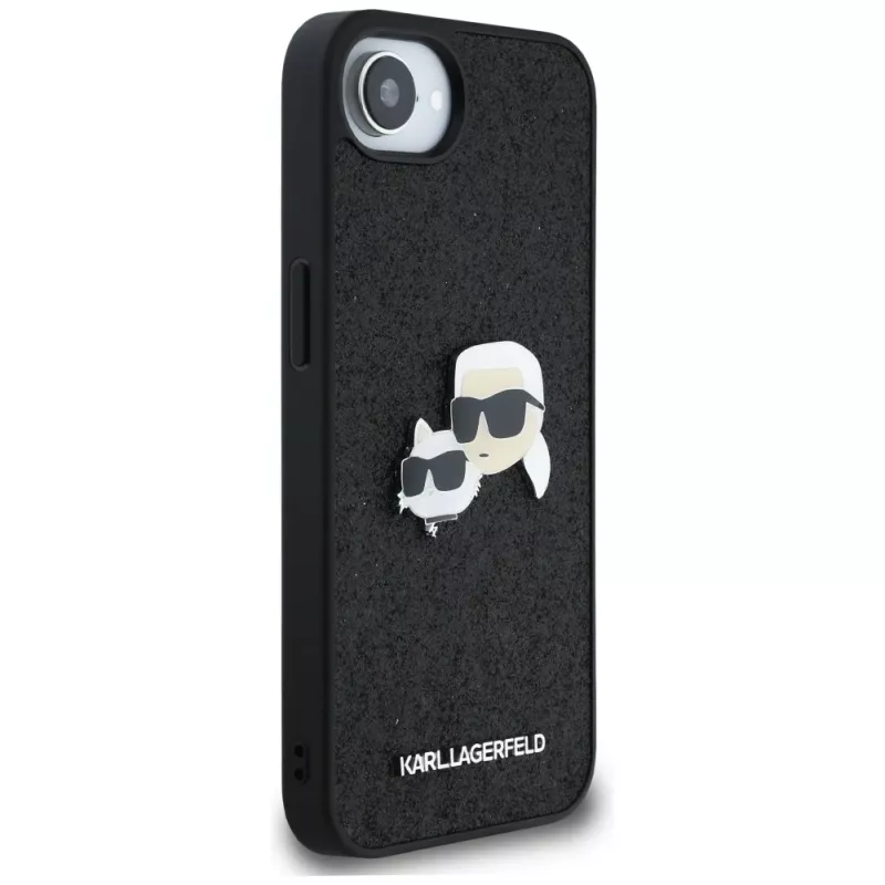 Karl Lagerfeld Fixed Glitter Karl & Choupette Heads Metal Pin Custodia per Apple iPhone 16e (nero)