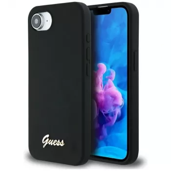 Guess Silicone Script Metal Logo Custodia MagSafe per iPhone 16e (nero)