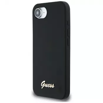 Guess Silicone Script Metal Logo Custodia MagSafe per iPhone 16e (nero)