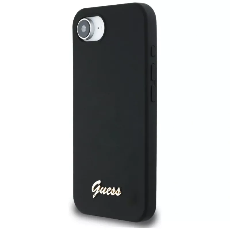 Guess Silicone Script Metal Logo Custodia MagSafe per iPhone 16e (nero)