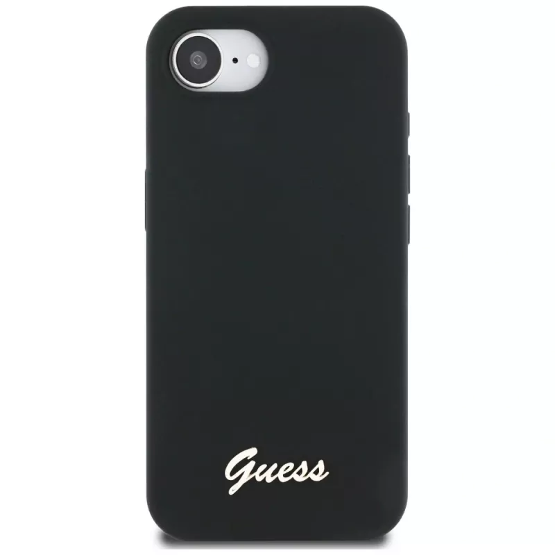 Guess Silicone Script Metal Logo Custodia MagSafe per iPhone 16e (nero)
