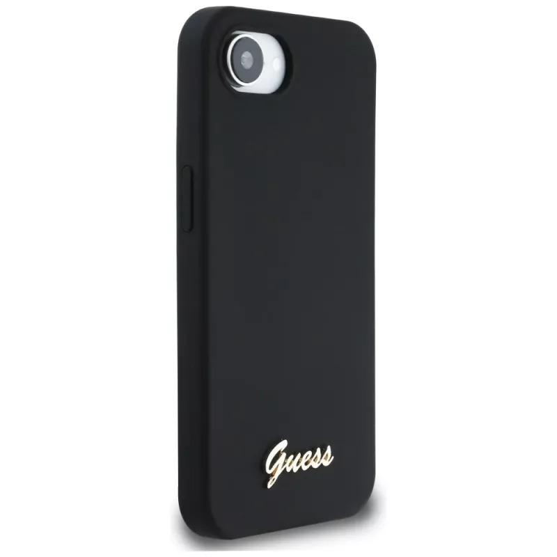 Guess Silicone Script Metal Logo Custodia MagSafe per iPhone 16e (nero)