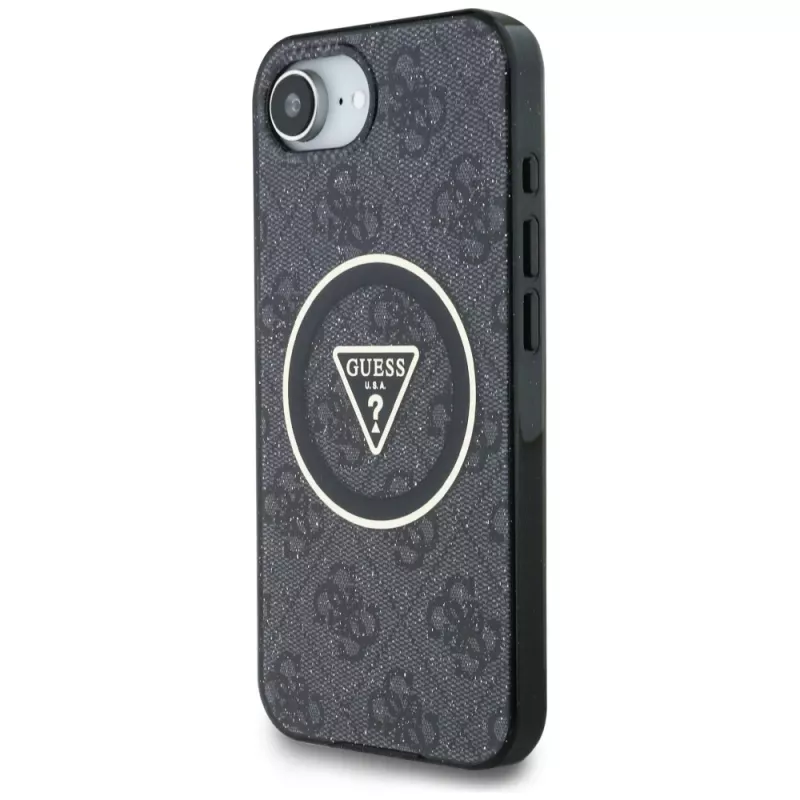 Guess IML Metal Glitter 4G Circle Triangle Custodia MagSafe per iPhone 16e (nero)
