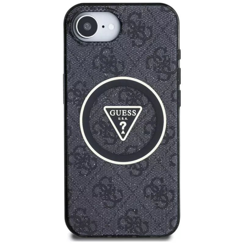 Guess IML Metal Glitter 4G Circle Triangle Custodia MagSafe per iPhone 16e (nero)