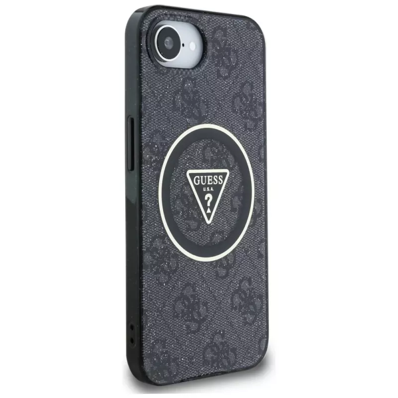 Guess IML Metal Glitter 4G Circle Triangle Custodia MagSafe per iPhone 16e (nero)