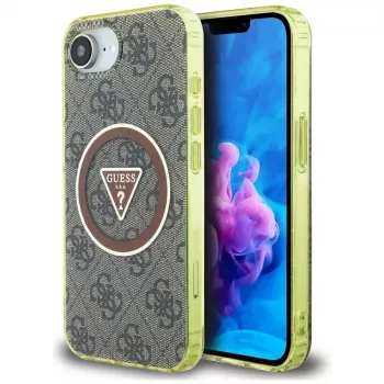 Guess IML Metal Glitter 4G Circle Triangle Custodia MagSafe per Apple iPhone 16e (marrone)