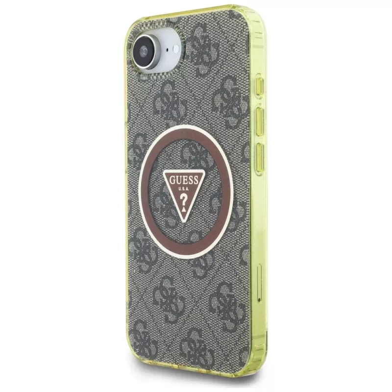 Guess IML Metal Glitter 4G Circle Triangle Custodia MagSafe per Apple iPhone 16e (marrone)