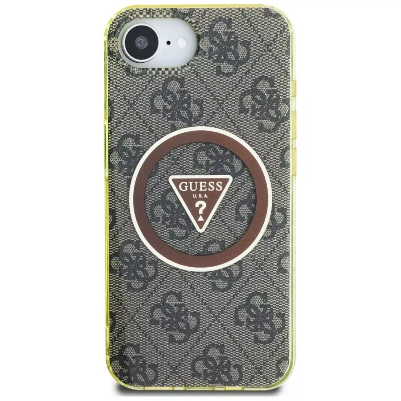 Guess IML Metal Glitter 4G Circle Triangle Custodia MagSafe per Apple iPhone 16e (marrone)