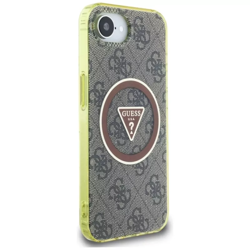 Guess IML Metal Glitter 4G Circle Triangle Custodia MagSafe per Apple iPhone 16e (marrone)