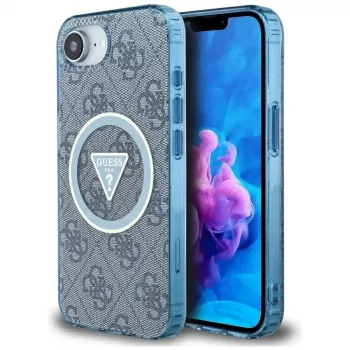 Guess IML Metal Glitter 4G Circle Triangle Custodia MagSafe per iPhone 16e (blu)