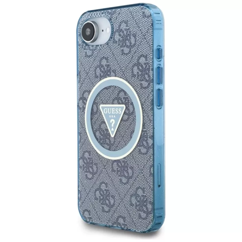 Guess IML Metal Glitter 4G Circle Triangle Custodia MagSafe per iPhone 16e (blu)