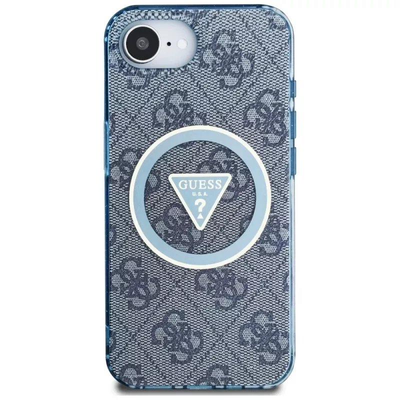 Guess IML Metal Glitter 4G Circle Triangle Custodia MagSafe per iPhone 16e (blu)