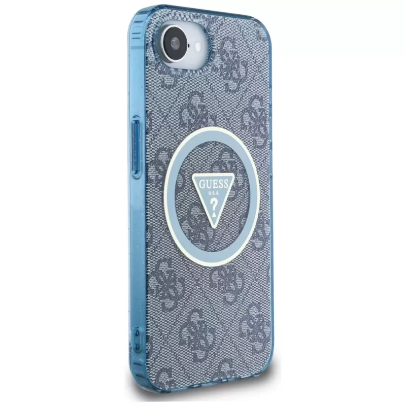 Guess IML Metal Glitter 4G Circle Triangle Custodia MagSafe per iPhone 16e (blu)