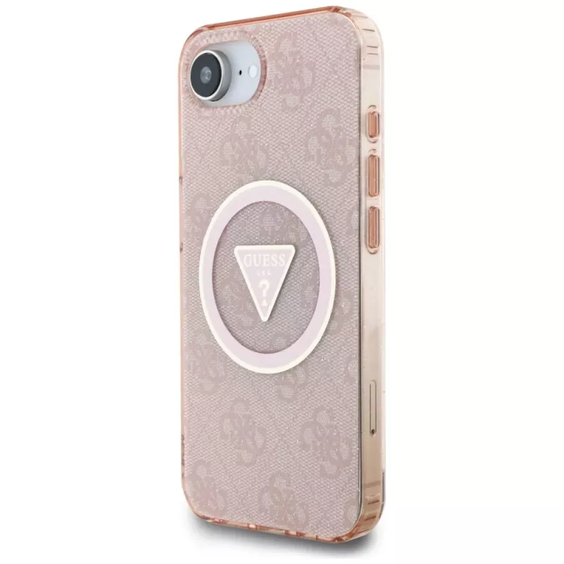 Guess IML Metal Glitter 4G Circle Triangle Custodia MagSafe per Apple iPhone 16e (rosa)