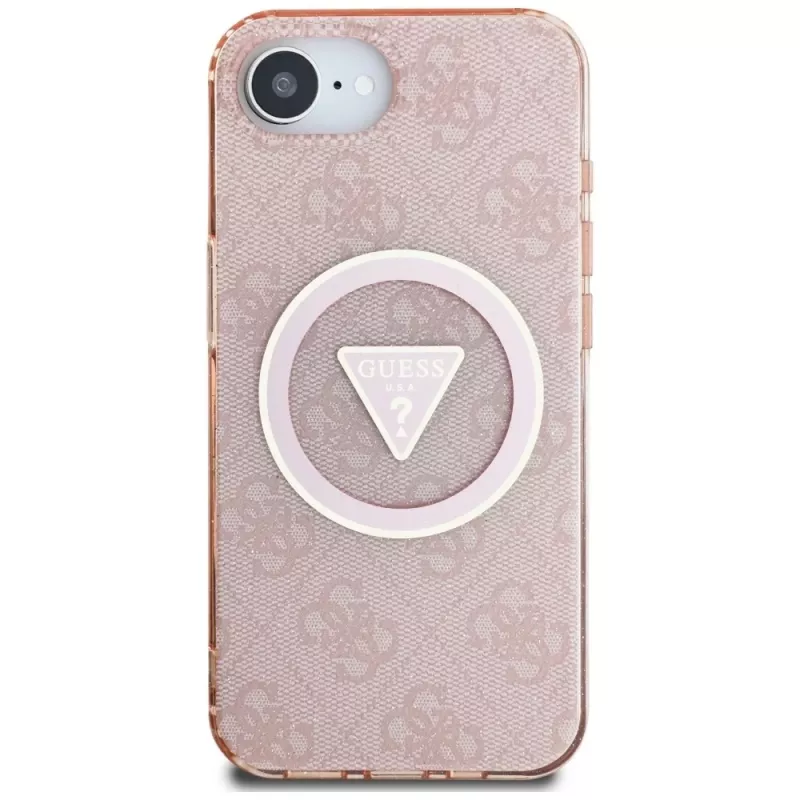 Guess IML Metal Glitter 4G Circle Triangle Custodia MagSafe per Apple iPhone 16e (rosa)