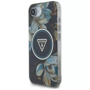 Guess Cover IML Metal Glitter Flowers Triangle MagSafe per Apple iPhone 16e (nero)
