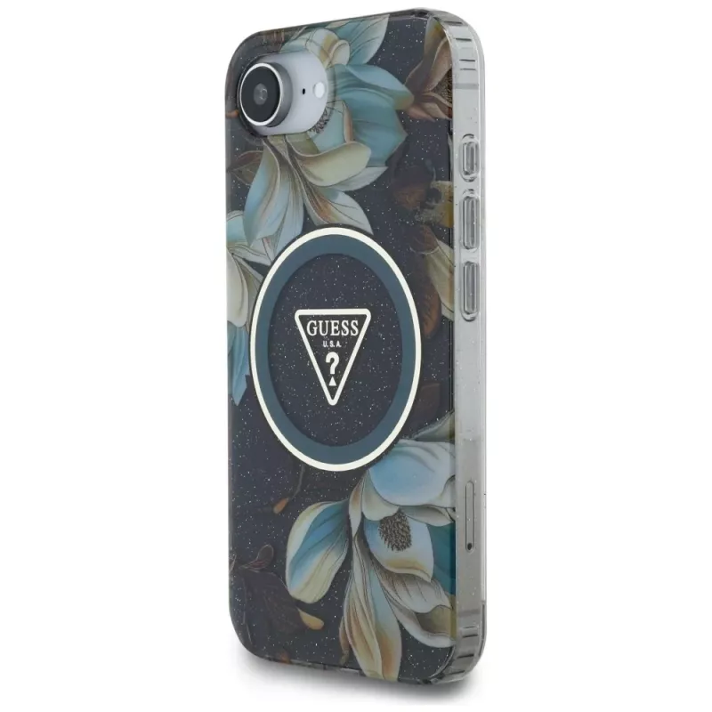 Guess Cover IML Metal Glitter Flowers Triangle MagSafe per Apple iPhone 16e (nero)
