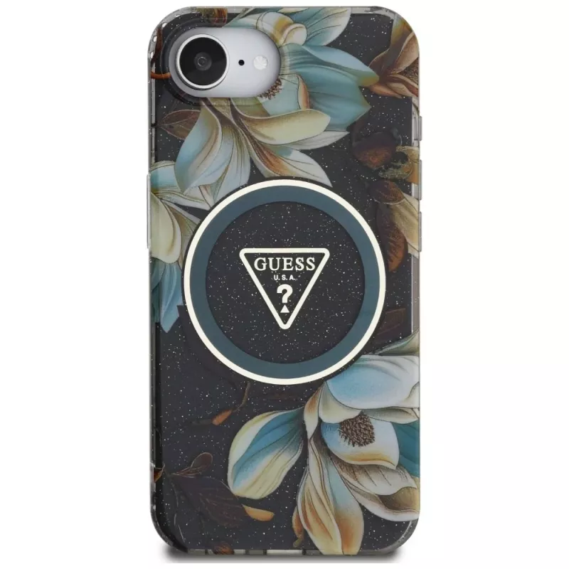 Guess Cover IML Metal Glitter Flowers Triangle MagSafe per Apple iPhone 16e (nero)