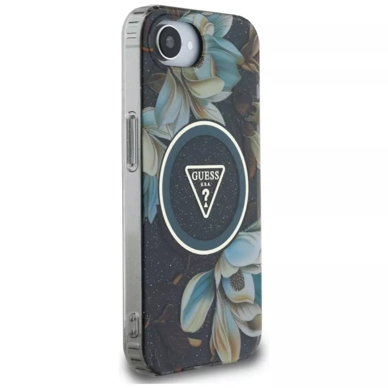 Guess Cover IML Metal Glitter Flowers Triangle MagSafe per Apple iPhone 16e (nero)