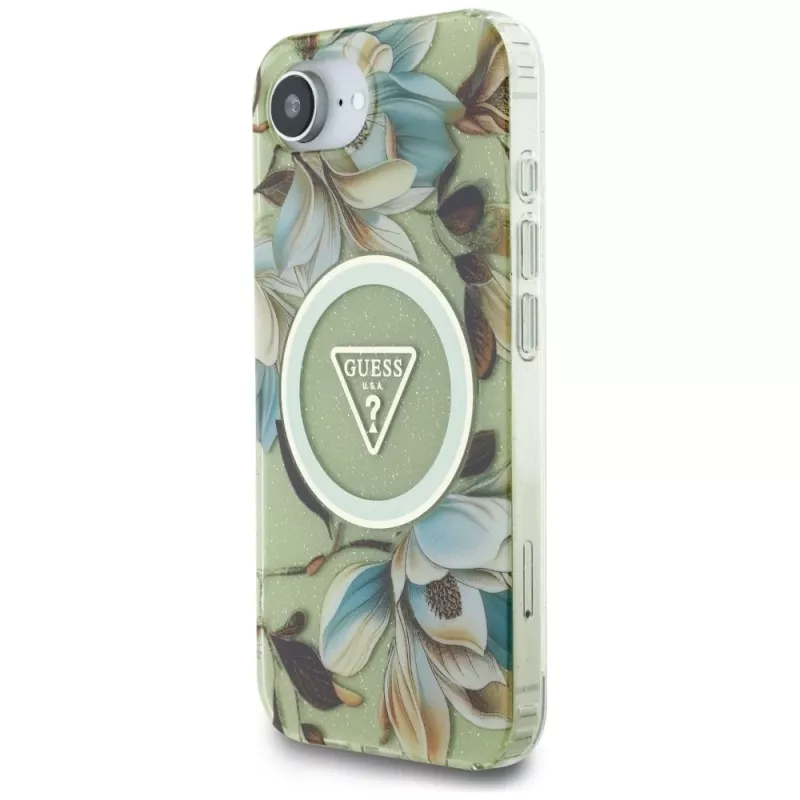 Guess IML Metal Glitter Flowers Triangle Cover posteriore MagSafe per Apple iPhone 16e, Verde