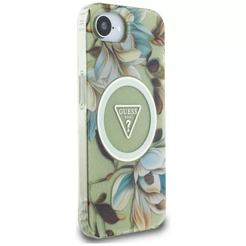 Guess IML Metal Glitter Flowers Triangle Cover posteriore MagSafe per Apple iPhone 16e, Verde