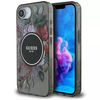 Guess Cover IML Flowers MagSafe per iPhone 16e (nero)