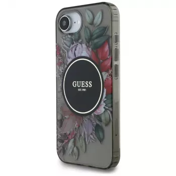 Guess Cover IML Flowers MagSafe per iPhone 16e (nero)