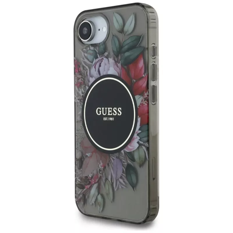 Guess Cover IML Flowers MagSafe per iPhone 16e (nero)