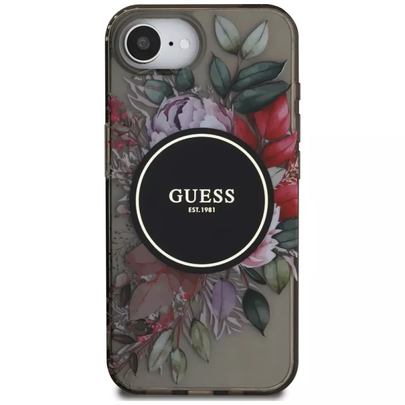 Guess Cover IML Flowers MagSafe per iPhone 16e (nero)