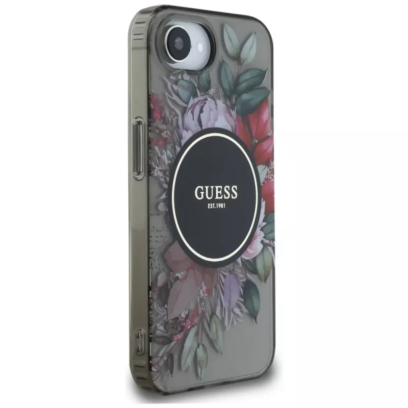 Guess Cover IML Flowers MagSafe per iPhone 16e (nero)