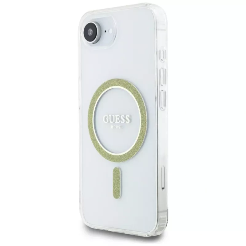 Guess Cover IML Glitter Circle MagSafe per iPhone 16e (trasparente)