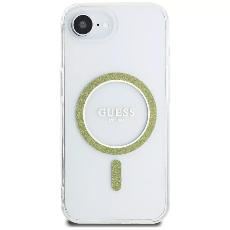 Guess Cover IML Glitter Circle MagSafe per iPhone 16e (trasparente)