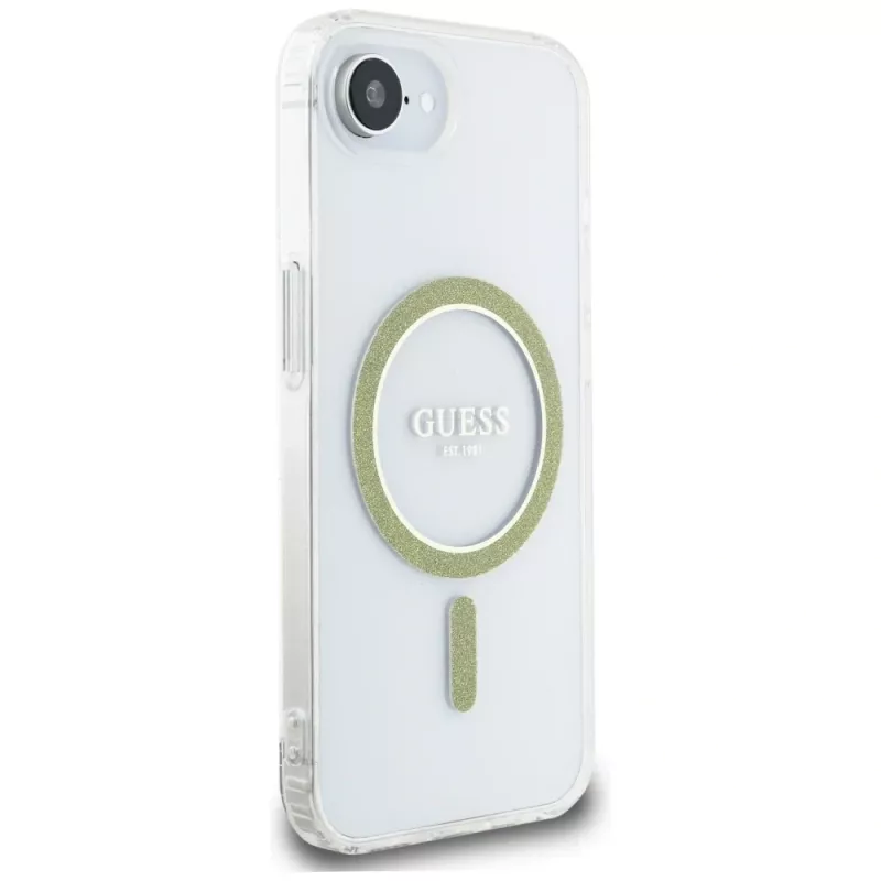 Guess Cover IML Glitter Circle MagSafe per iPhone 16e (trasparente)
