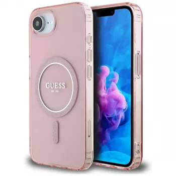 Guess Cover IML Glitter Circle MagSafe per iPhone 16e (rosa)