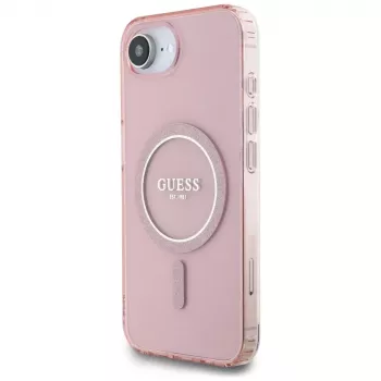 Guess Cover IML Glitter Circle MagSafe per iPhone 16e (rosa)