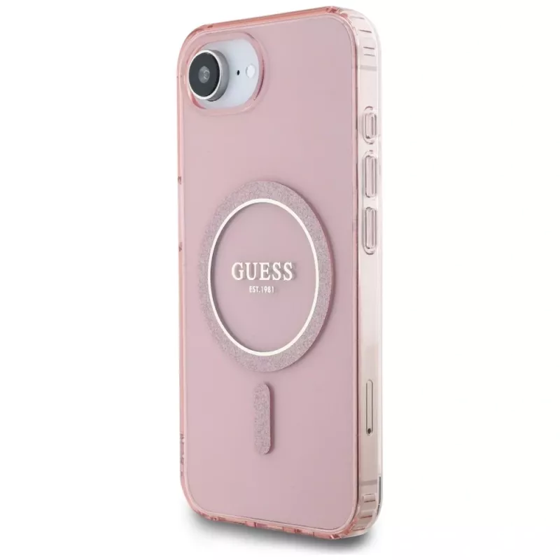 Guess Cover IML Glitter Circle MagSafe per iPhone 16e (rosa)