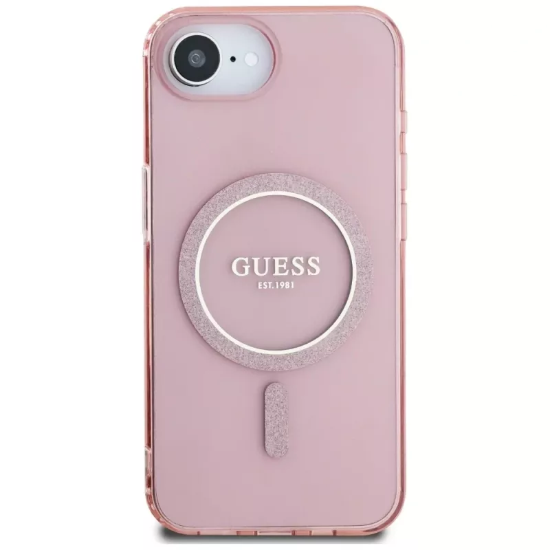 Guess Cover IML Glitter Circle MagSafe per iPhone 16e (rosa)