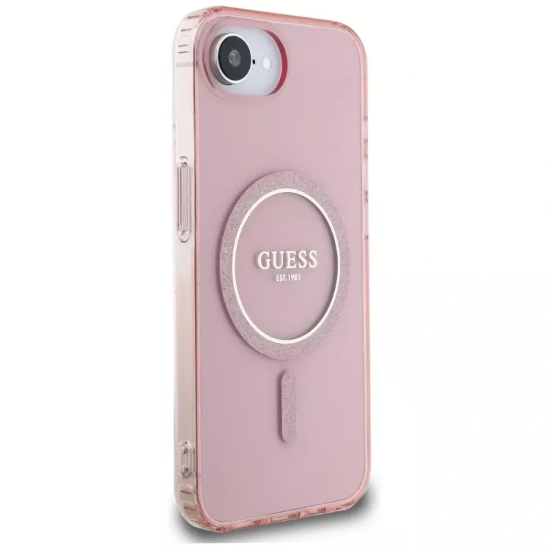 Guess Cover IML Glitter Circle MagSafe per iPhone 16e (rosa)