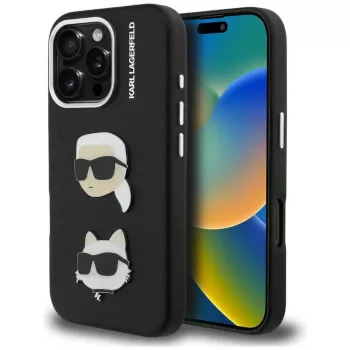 KARL LAGERFELD FW Grained Karl & Choupette Heads Pins Cover per iPhone 16 Pro, nero