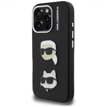 KARL LAGERFELD FW Grained Karl & Choupette Heads Pins Cover per iPhone 16 Pro, nero