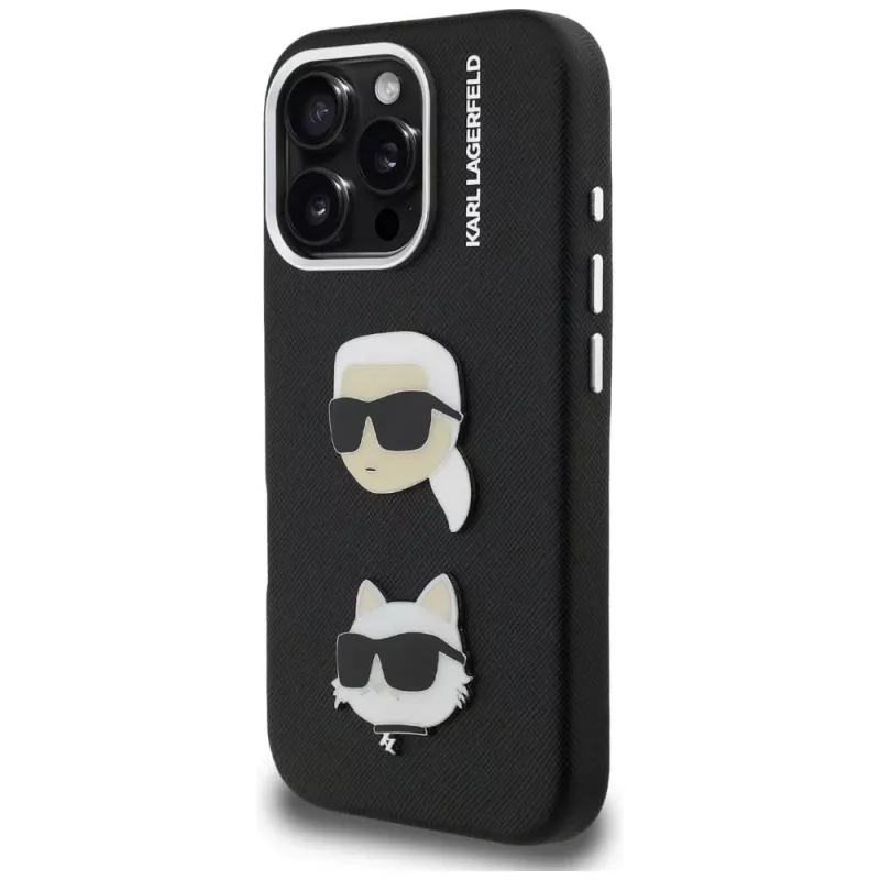 KARL LAGERFELD FW Grained Karl & Choupette Heads Pins Cover per iPhone 16 Pro, nero
