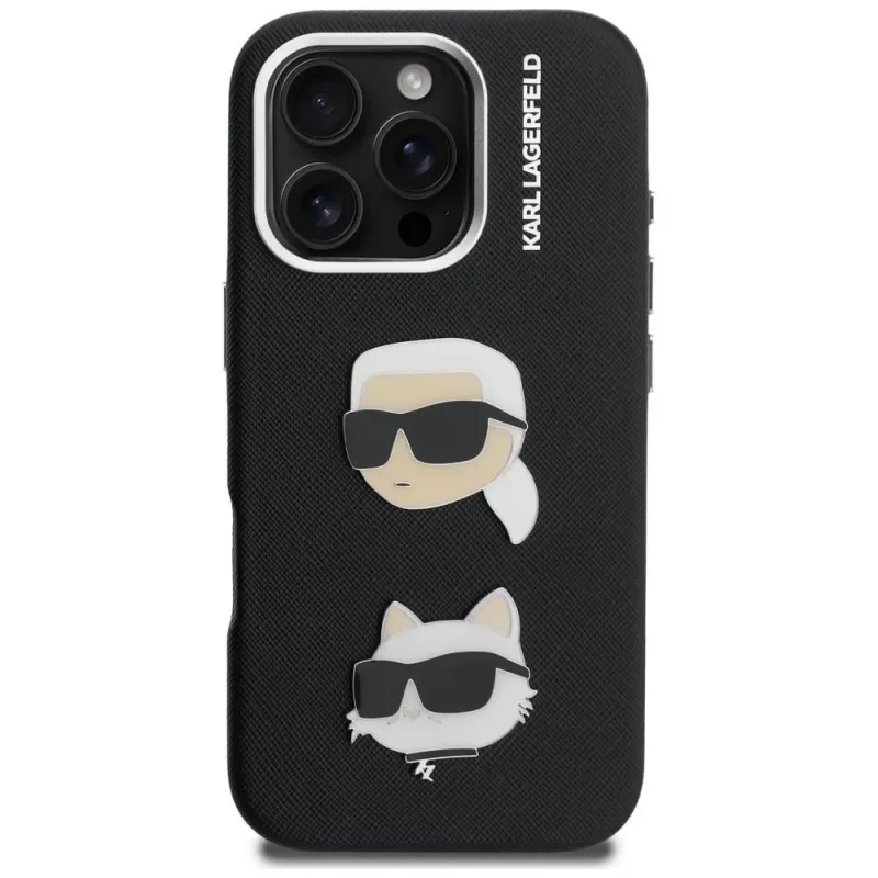 KARL LAGERFELD FW Grained Karl & Choupette Heads Pins Cover per iPhone 16 Pro, nero