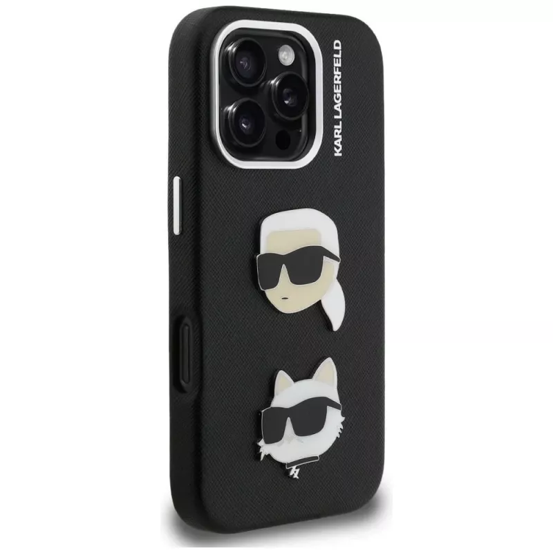KARL LAGERFELD FW Grained Karl & Choupette Heads Pins Cover per iPhone 16 Pro, nero