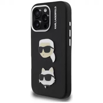 KARL LAGERFELD FW Grained Karl & Choupette Heads Pins Cover per iPhone 16 Pro Max, nero