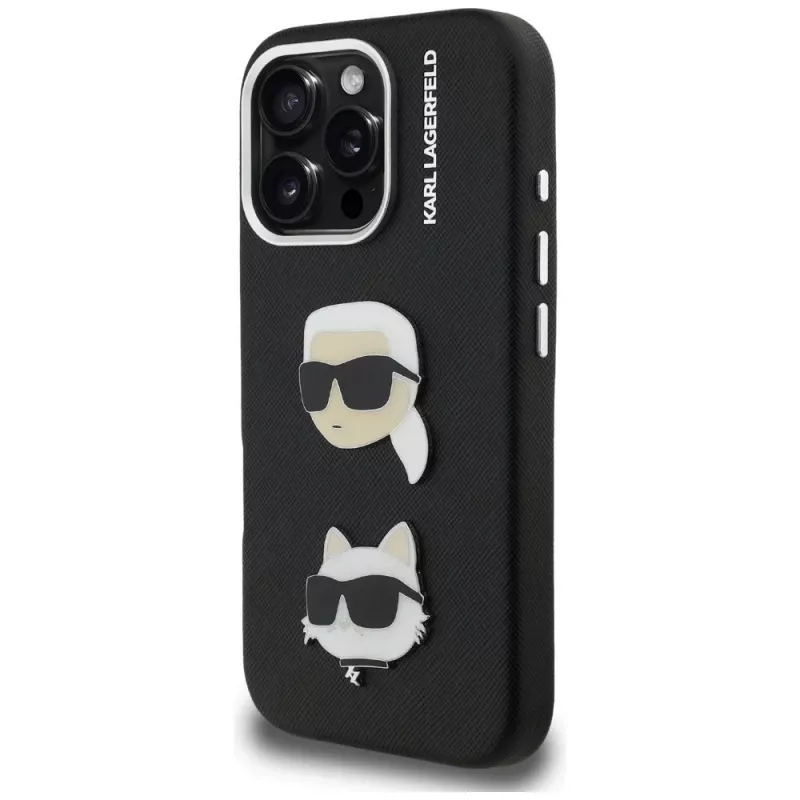 KARL LAGERFELD FW Grained Karl & Choupette Heads Pins Cover per iPhone 16 Pro Max, nero