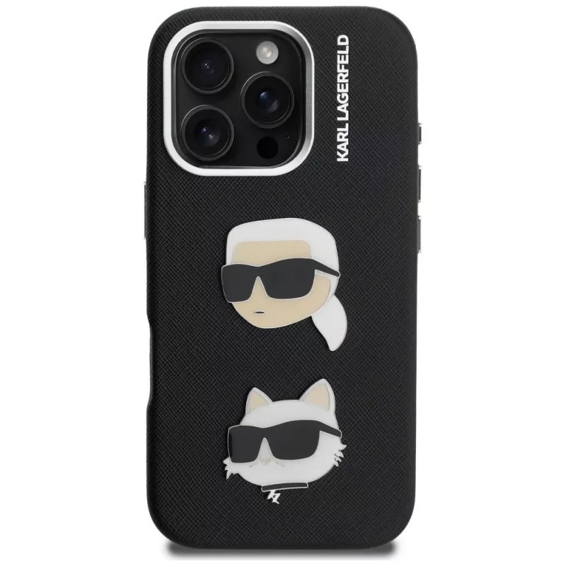 KARL LAGERFELD FW Grained Karl & Choupette Heads Pins Cover per iPhone 16 Pro Max, nero