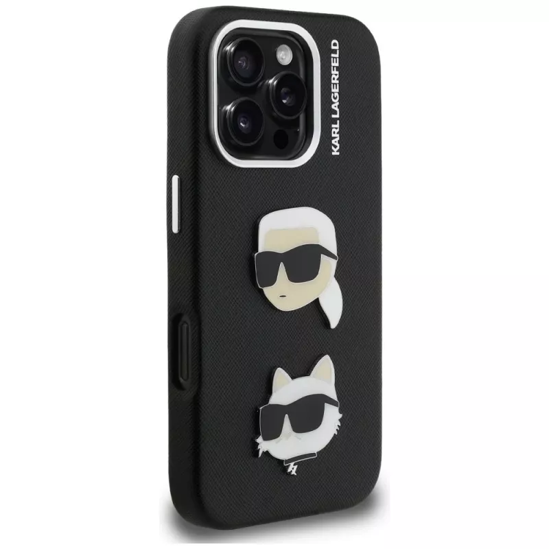 KARL LAGERFELD FW Grained Karl & Choupette Heads Pins Cover per iPhone 16 Pro Max, nero