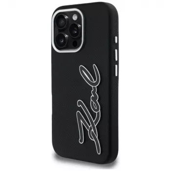 Karl Lagerfeld FW Grained Signature Logo Cover per iPhone 16 Pro, nero