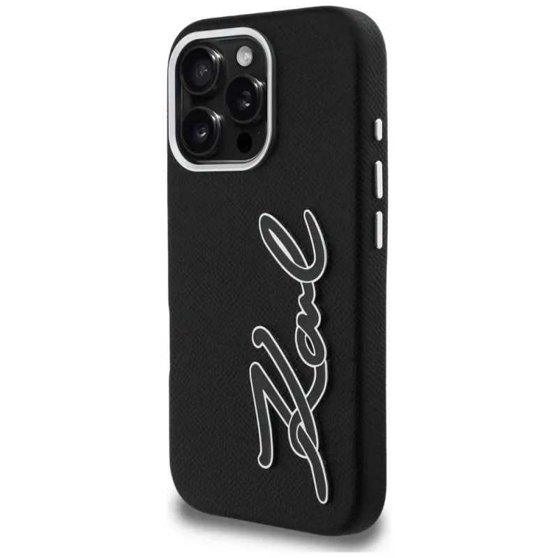 Karl Lagerfeld FW Grained Signature Logo Cover per iPhone 16 Pro, nero