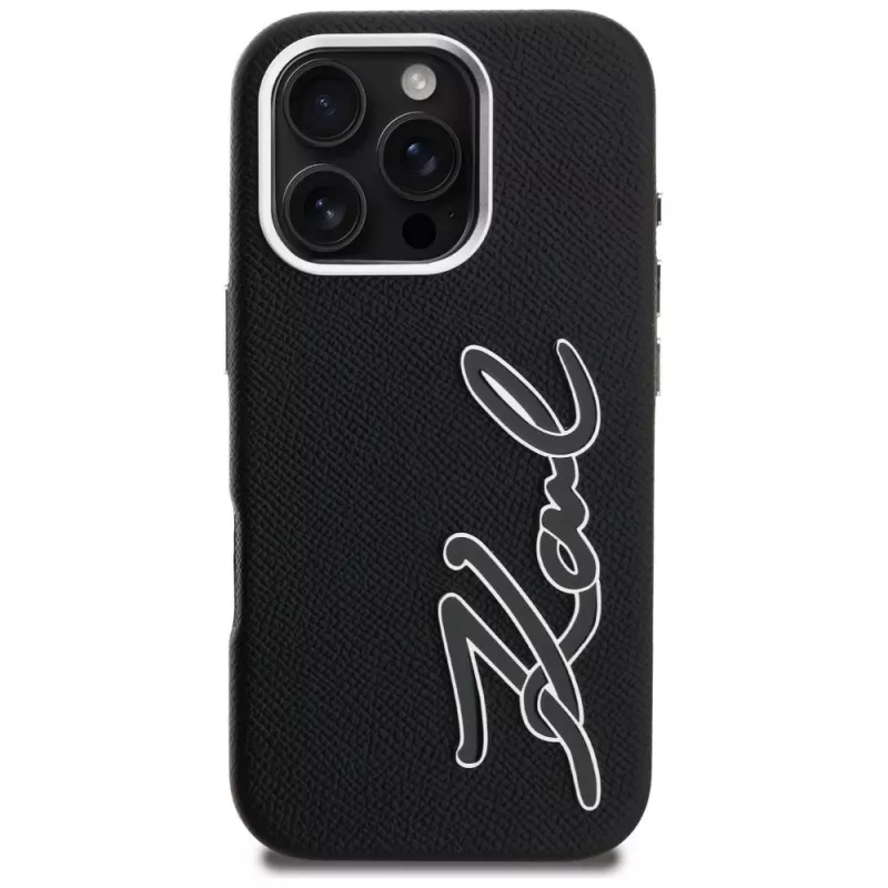 Karl Lagerfeld FW Grained Signature Logo Cover per iPhone 16 Pro, nero